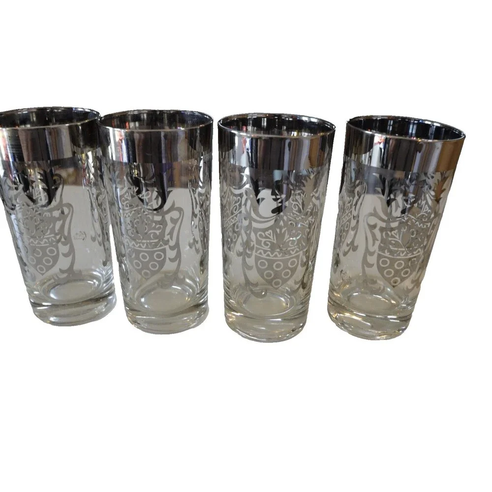 Vintage Kimiko Highball Glasses Set of 4 Gold Greek Key 1960s MCM Barware